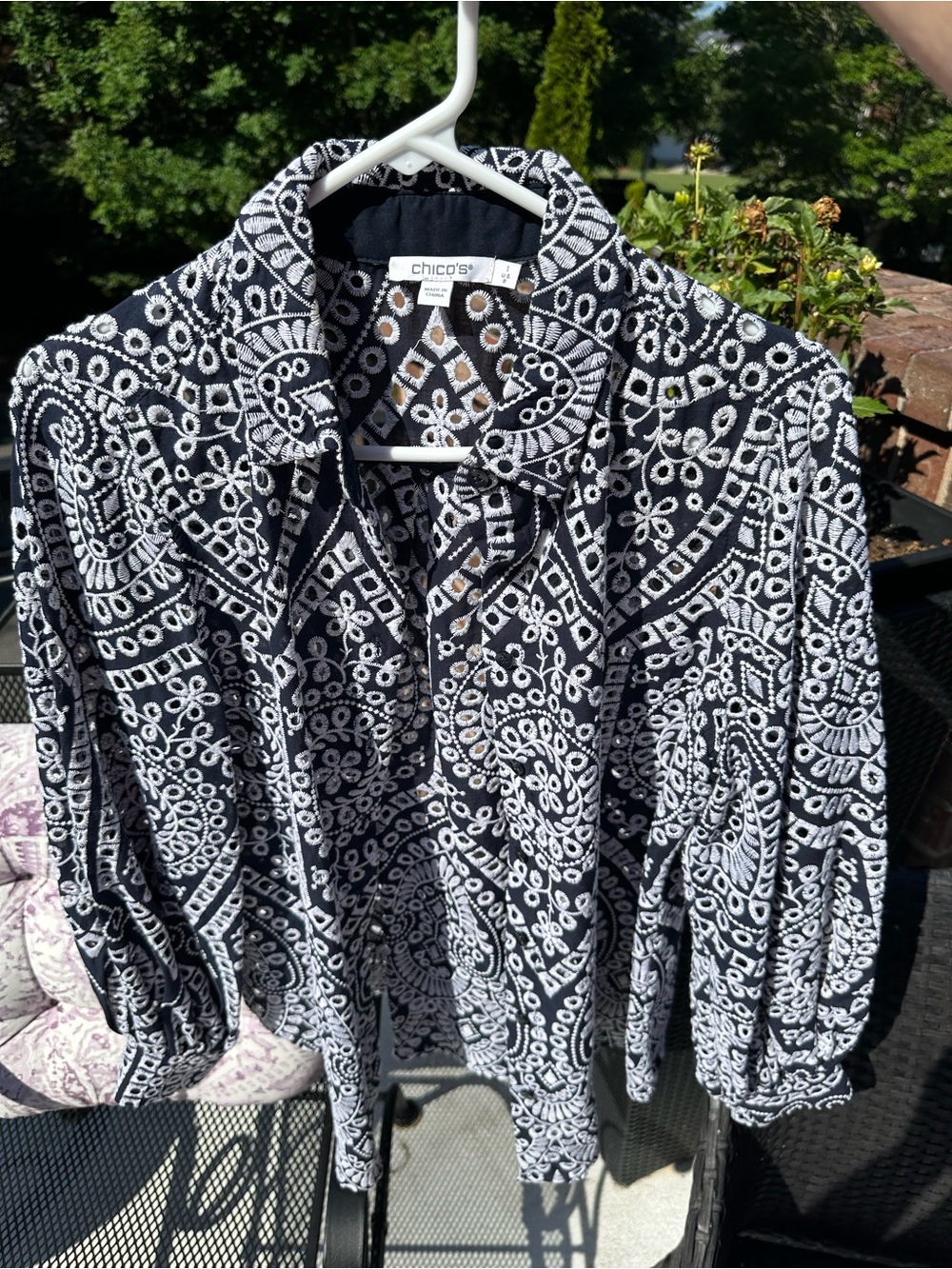 Chico's Navy, White Embroidered Button-Up Blouse/light weight jacket.